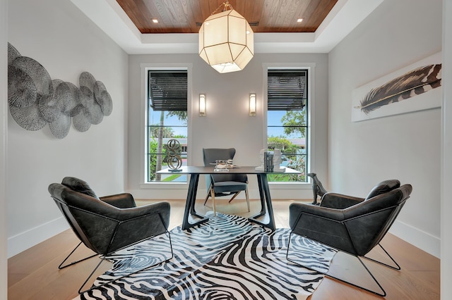 115 Gregory Rd, West Palm Beach, FL 33405 - office area featuring wood ceiling, a raised ceiling, healthy amount of natural light, wood finished floors, and recessed lighting