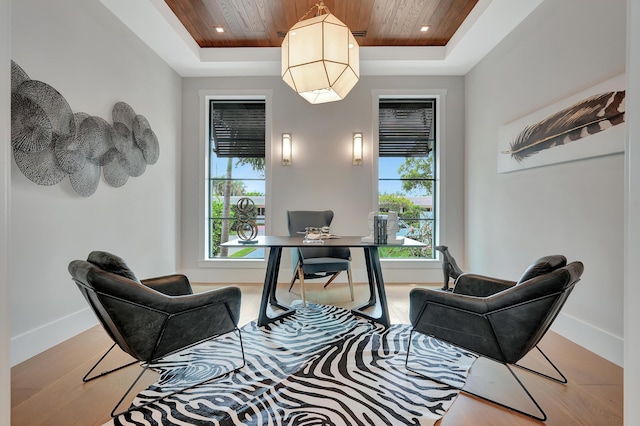 office featuring wooden ceiling, a raised ceiling, and a wealth of natural light