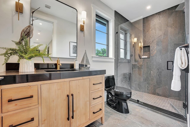 full bathroom with marble finish floor, a marble finish shower, visible vents, toilet, and vanity