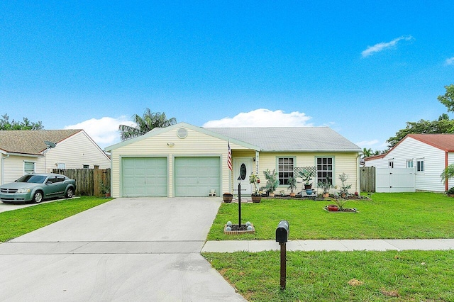 ranch-style house featuring a garage and a front yard