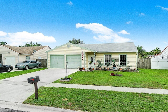 ranch-style house featuring a garage and a front lawn