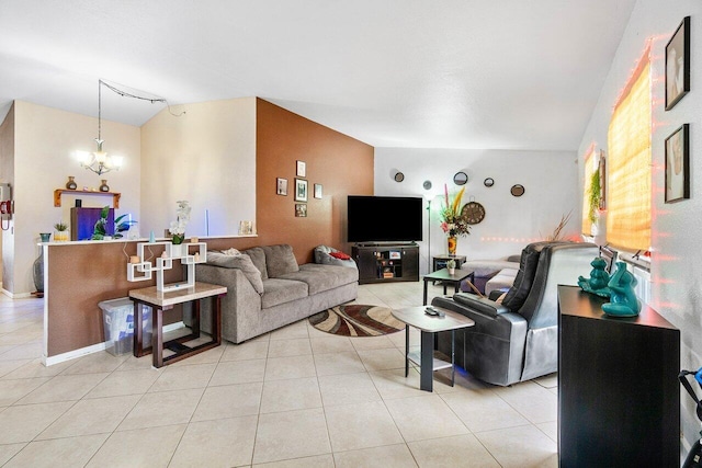 living room featuring vaulted ceiling, light tile patterned floors, and an inviting chandelier