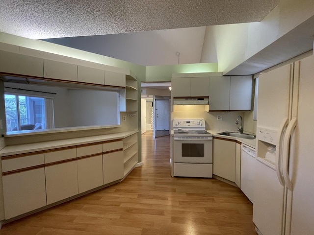 kitchen with sink, white appliances, a textured ceiling, and light hardwood / wood-style flooring