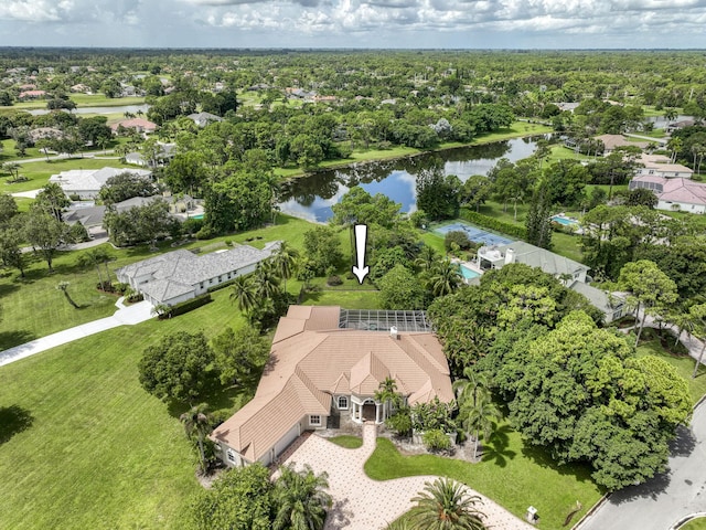 drone / aerial view featuring a water view