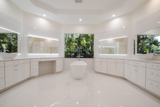 bathroom featuring vanity, a tray ceiling, and a bath