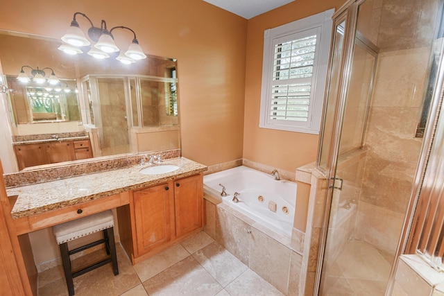 bathroom featuring vanity, tile patterned floors, and plus walk in shower