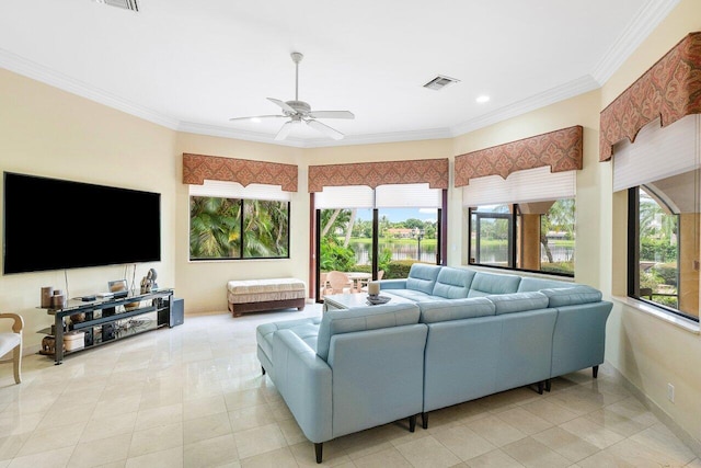 living room featuring ceiling fan, light tile patterned floors, and crown molding