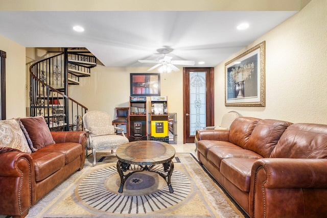 living room featuring ceiling fan