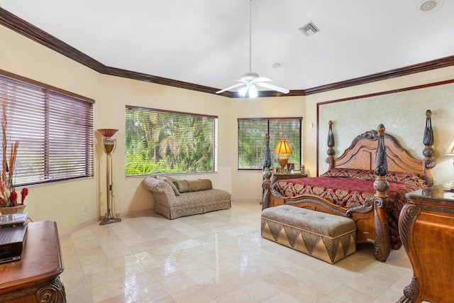 bedroom with ceiling fan, crown molding, and multiple windows