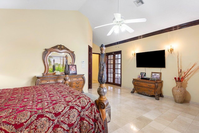 bedroom featuring ceiling fan, ornamental molding, french doors, and vaulted ceiling