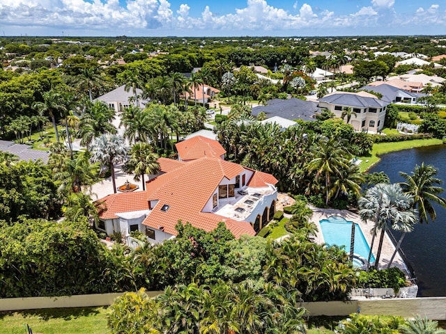 drone / aerial view with a water view