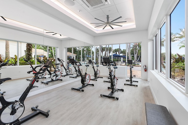 gym with ceiling fan, a paneled ceiling, a tray ceiling, and hardwood / wood-style floors