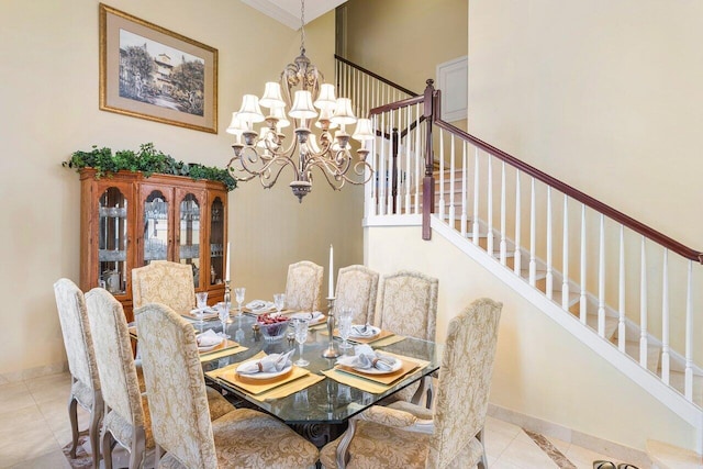 dining area with light tile patterned floors and a notable chandelier