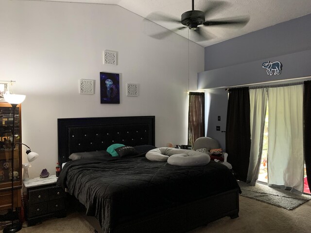 carpeted bedroom with high vaulted ceiling and ceiling fan