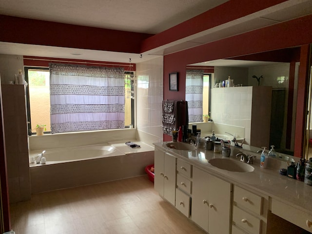 bathroom featuring a bathtub and double vanity