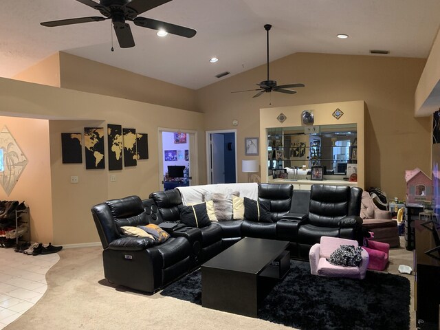 living room featuring carpet flooring, high vaulted ceiling, and ceiling fan