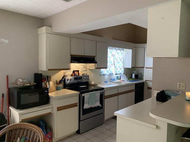 kitchen with white cabinetry, black appliances, extractor fan, sink, and light tile patterned floors