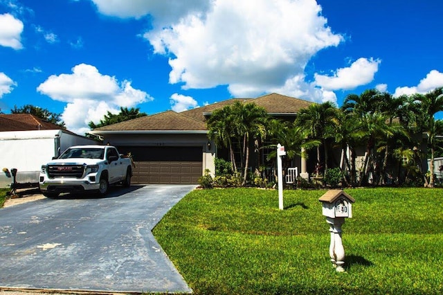 view of front of property with a garage and a front yard