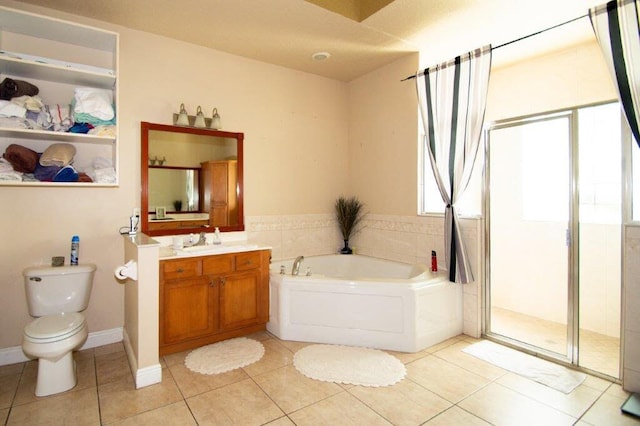 full bathroom with vanity, toilet, tile patterned floors, and plus walk in shower