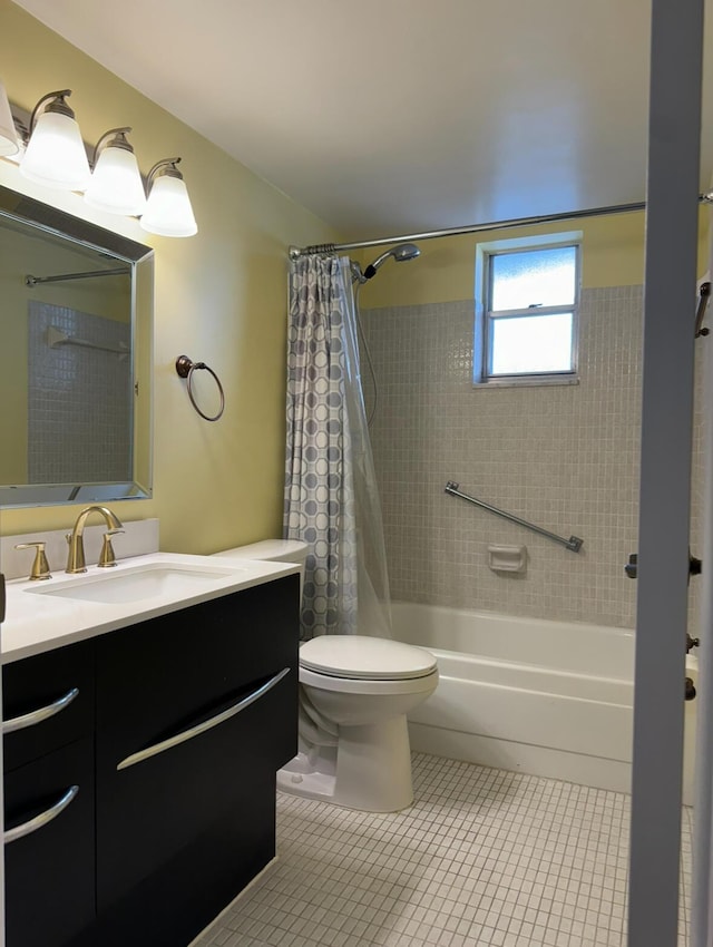 full bathroom with toilet, tile patterned floors, shower / bathtub combination with curtain, and vanity