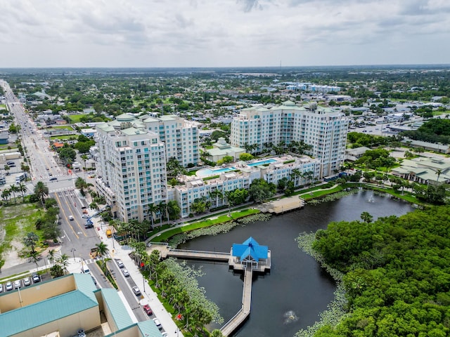 drone / aerial view with a water view