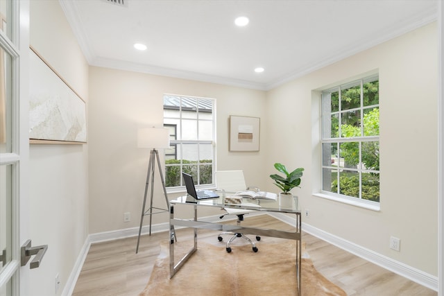 office featuring crown molding and light hardwood / wood-style flooring