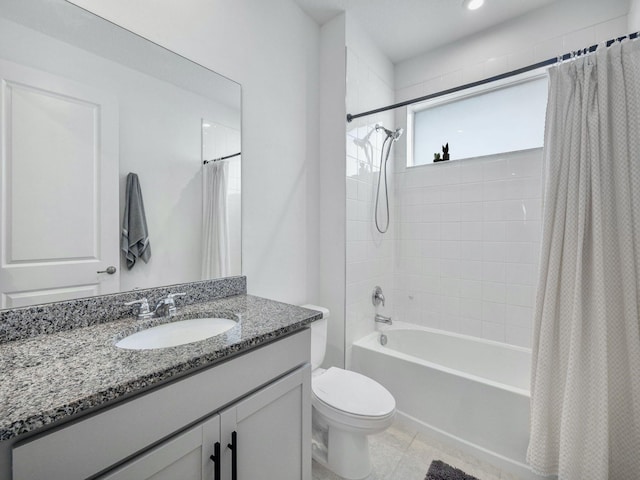 full bathroom with shower / tub combo, tile patterned floors, toilet, and vanity