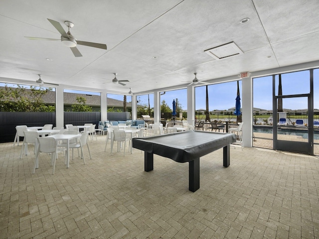 recreation room with pool table and ceiling fan