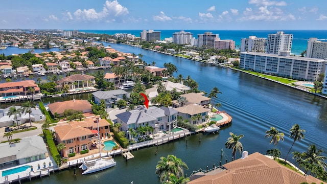 aerial view featuring a water view