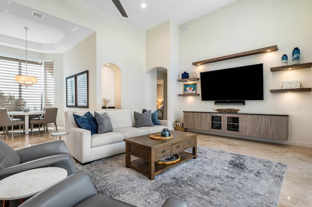 living room featuring ceiling fan