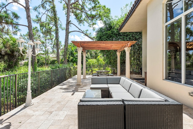 view of patio / terrace featuring a pergola and an outdoor hangout area