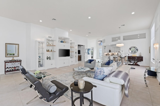 living room featuring light tile patterned floors