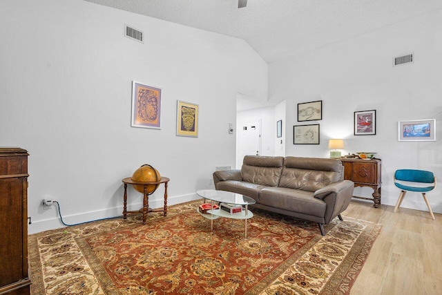 living room featuring a textured ceiling, high vaulted ceiling, and light hardwood / wood-style flooring