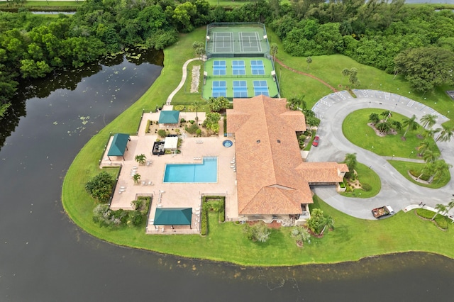 drone / aerial view with a water view