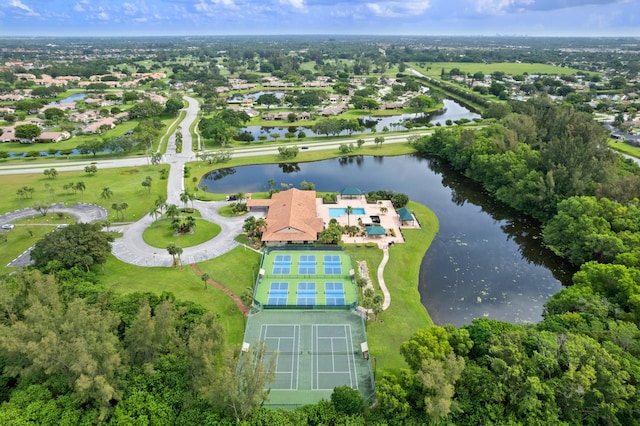 drone / aerial view with a water view