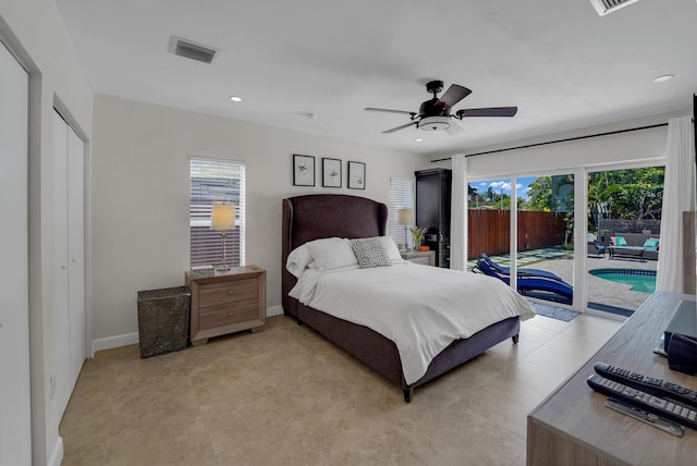 bedroom featuring ceiling fan and access to outside