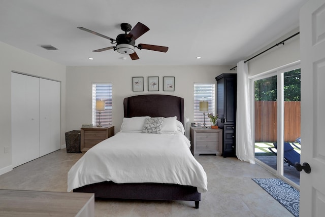 bedroom featuring ceiling fan, access to exterior, and a closet