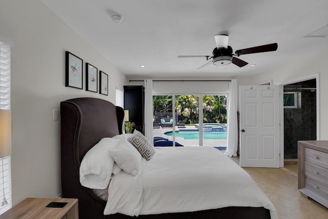 bedroom with access to outside and ceiling fan