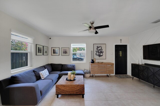 1305 NE 1st Ave, Fort Lauderdale, FL 33304 - living room with ceiling fan and light tile patterned flooring