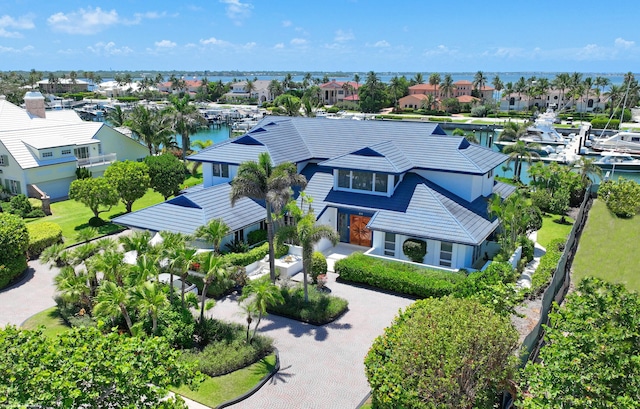 bird's eye view with a water view