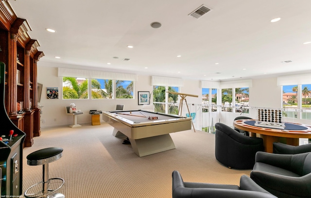 playroom featuring carpet, billiards, and plenty of natural light