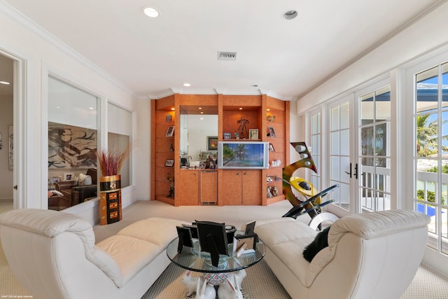 living room with light carpet, a wealth of natural light, and french doors