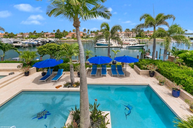 view of pool featuring a dock, a patio, and a water view