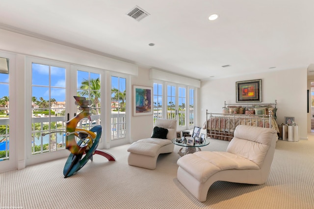 carpeted living room with plenty of natural light and french doors