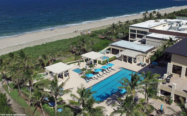 aerial view with a view of the beach and a water view