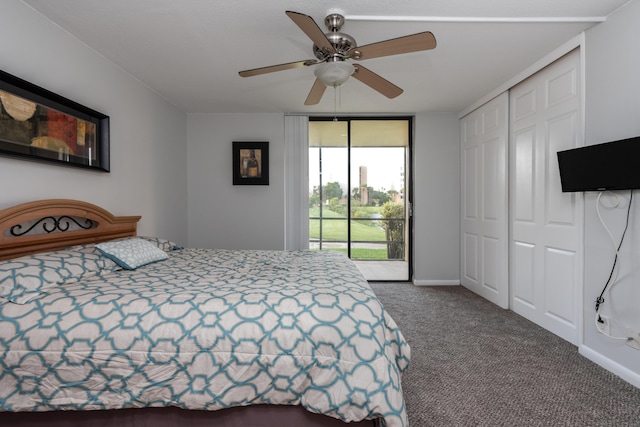 bedroom featuring ceiling fan, a closet, carpet, and access to outside