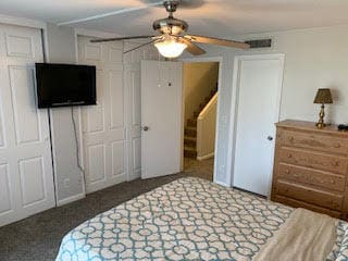 carpeted bedroom with ceiling fan