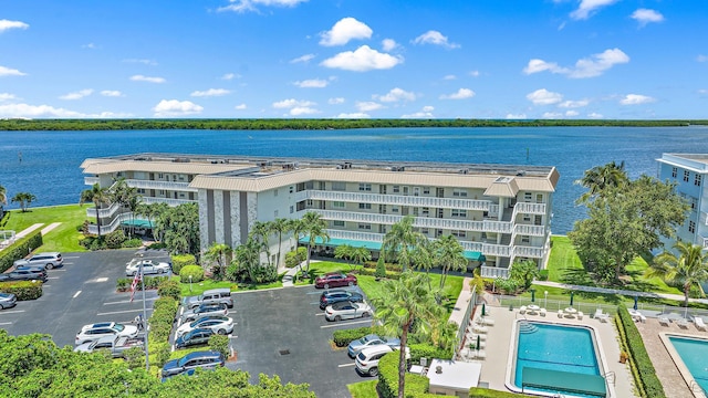 drone / aerial view with a water view