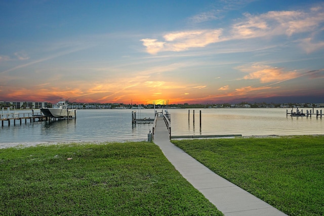 view of water feature with a dock