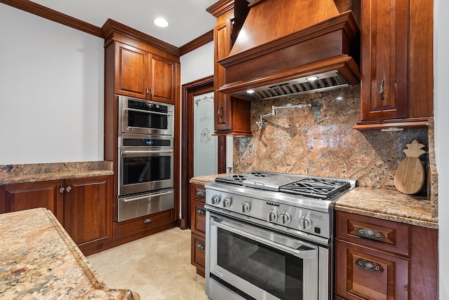 kitchen with stainless steel appliances, ornamental molding, custom exhaust hood, and tasteful backsplash